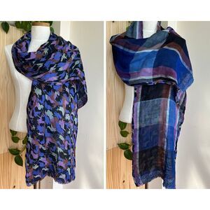 Jitni Reversible‎ Wool Scarf Plaid Camo Print USA Made Blue Purple Black 75"X14"